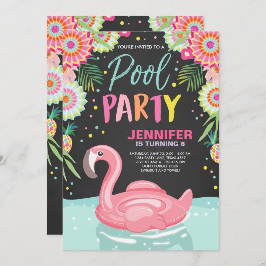 Flamingo-Pool-Party Einladung tropisches Poolfloss (Vorne/Hinten)