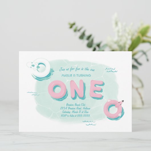 Flamingo Pool Party Erster Geburtstag Einladung (Stehend Vorderseite)