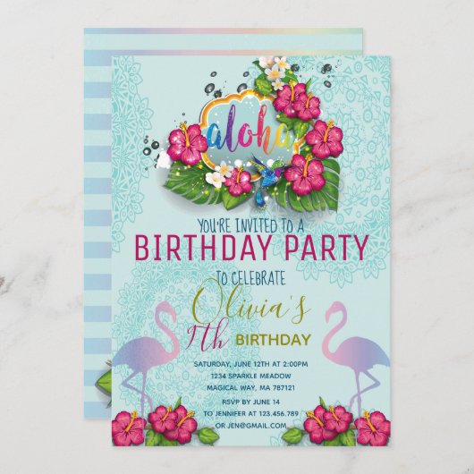 Flamingo Pool Party Geburtstag tropische Einladung (Vorne/Hinten)