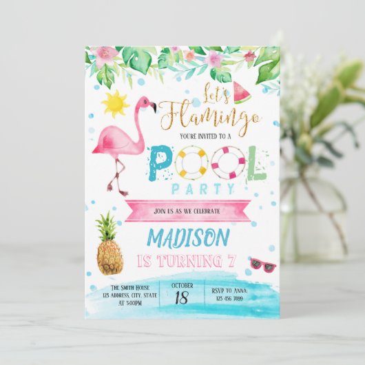 Flamingo Pool Party Karte (Stehend Vorderseite)