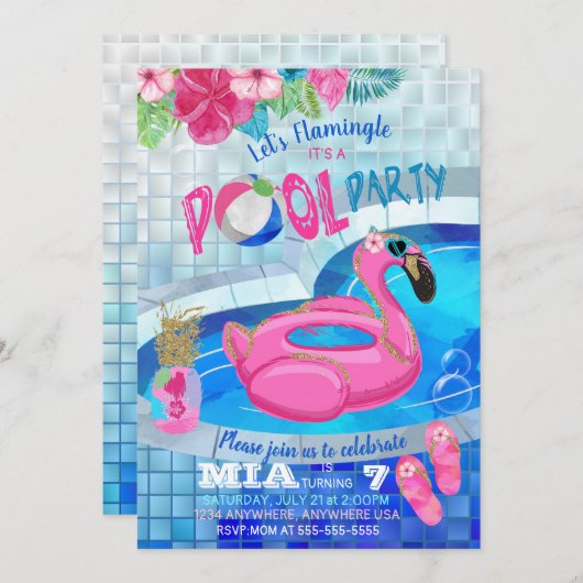 Flamingo-Pool-Party, tropisches Geburtstags- Einladung (Vorne/Hinten)