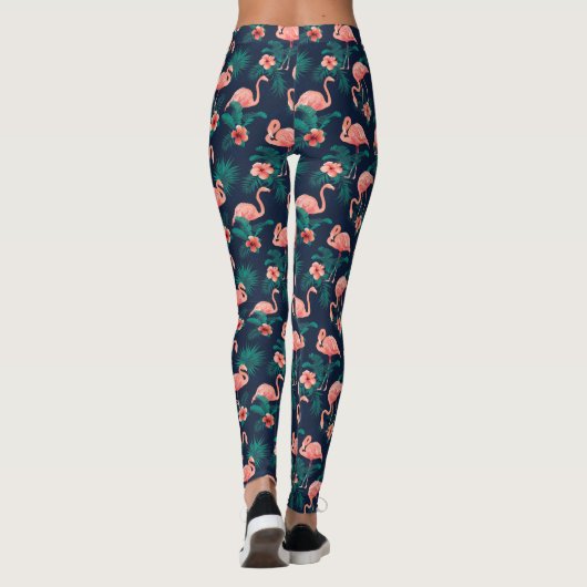 Flamingo Print, rosa Hibiskus Tropische Blume Leggings (Rückseite)