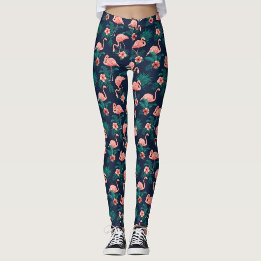 Flamingo Print, rosa Hibiskus Tropische Blume Leggings (Vorderseite)