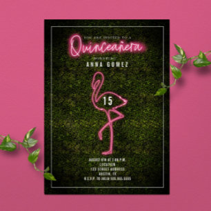 Flamingo Quinceañera Rosa Neonlichter Buchsbaum Einladung