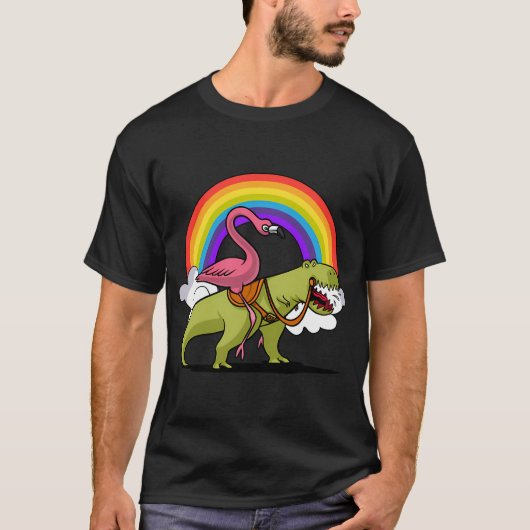 Flamingo reitet T-Rex Dinosaurier T-Shirt (Vorderseite)