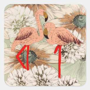Flamingo Rosa Blüten Tropische Blätter Glitter Quadratischer Aufkleber