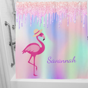 Flamingo rosa Glitzer Tropfen monogramm holografis Duschvorhang