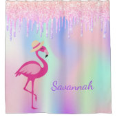 Flamingo rosa Glitzer Tropfen monogramm holografis Duschvorhang (Vorderseite)