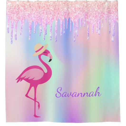 Flamingo rosa Glitzer Tropfen monogramm holografis Duschvorhang (Vorderseite)