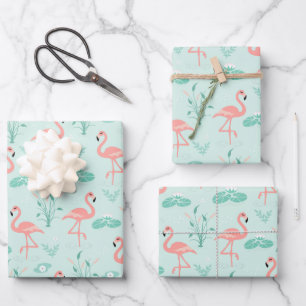 Flamingo Rosa Grün Tropische Vögel Trendy Geschenkpapier Set