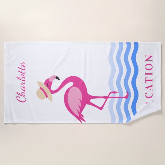 Flamingo rosa Meereswellen monogramm Urlaub Strandtuch (Vorderseite)
