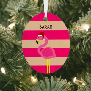 Flamingo Rosa Streifen Tropisches Weihnachtsfest Ornament Aus Metall