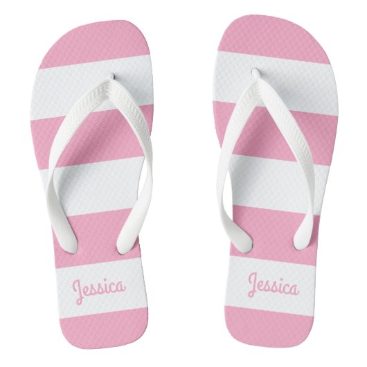 Flamingo Rosa und Weiße Streifen Personalisiert Badesandalen (Fußbett)
