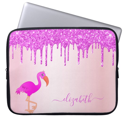 Flamingo Rose Gold lila Glitzer Tropfen Monogramm Laptopschutzhülle (Vorderseite)