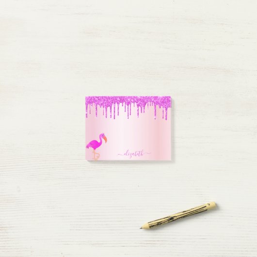 Flamingo Rose Gold lila Glitzer Tropfen Monogramm Post-it Klebezettel (Auf Schreibtisch)