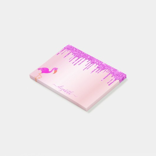 Flamingo Rose Gold lila Glitzer Tropfen Monogramm Post-it Klebezettel (angewinkelt)