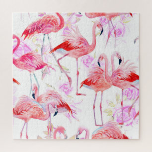 Flamingo Rose: Wasserfarben-Vogel-Blumen Puzzle