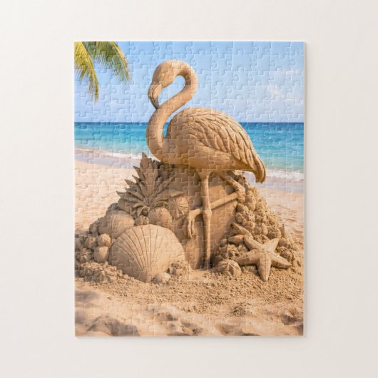 Flamingo-Sandskulptur am tropischen Strand Puzzle (Vertikal)