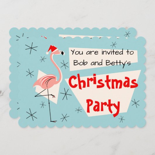 Flamingo Santa Blue, horizontal Einladung (Vorne/Hinten)