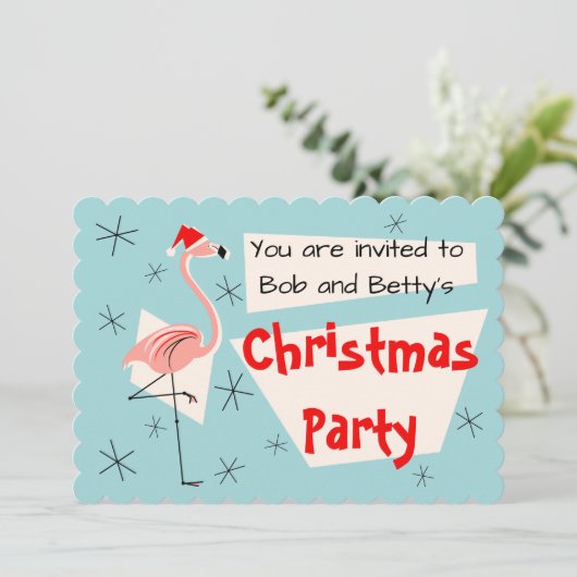 Flamingo Santa Blue, horizontal Einladung (Stehend Vorderseite)