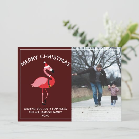 Flamingo Santa Burgundy Foto Weihnachten (Stehend Vorderseite)