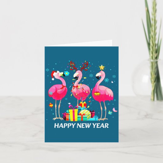 Flamingo Santa Hat Happy New Year Light Long Sleev Karte (Vorderseite)