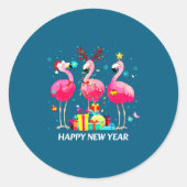 Flamingo Santa Hat Happy New Year Light Long Sleev Runder Aufkleber (Vorderseite)