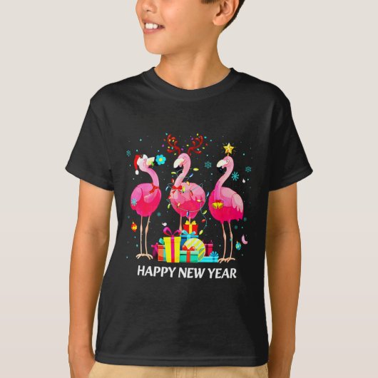 Flamingo Santa Hat Happy New Year Light Long Sleev T-Shirt (Vorderseite)