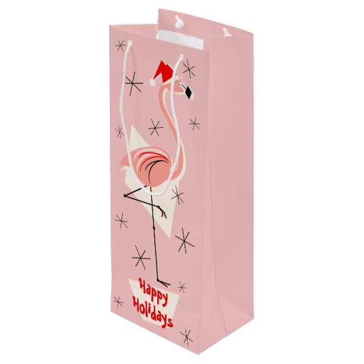 Flamingo Santa Pink Happy Holidays Wein Geschenktüte Für Weinflaschen (Rückseite Schrägansicht)