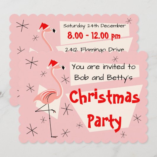 Flamingo Santa Pink, horizontal Einladung (Vorne/Hinten)