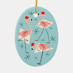 Flamingo Santas Blauer Text Ornament Oval