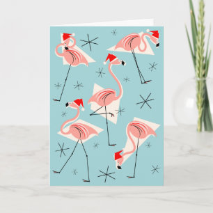 Flamingo Santas Blue Grußkartenportrait Feiertagskarte