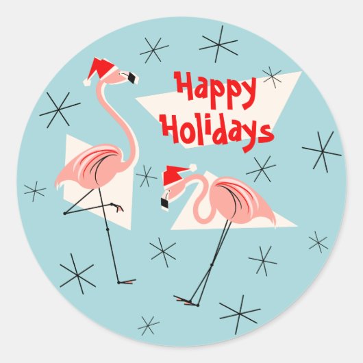 Flamingo Santas Blue Happy Holidays Aufkleber rund (Vorderseite)