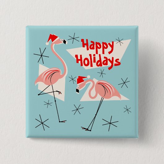 Flamingo Santas Blue Happy Holidays Button Platz (Vorderseite)