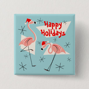 Flamingo Santas Blue Happy Holidays Button Platz