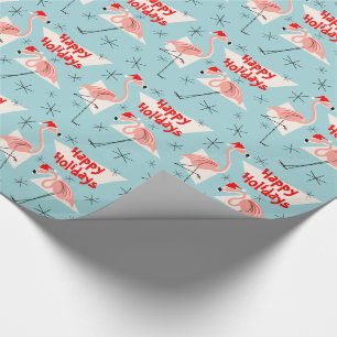 Flamingo Santas Blue Happy Holidays Geschenkpapier