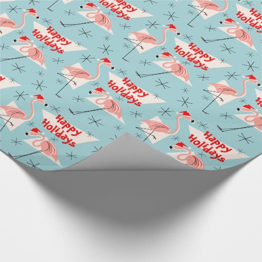 Flamingo Santas Blue Happy Holidays Geschenkpapier (Ecke)