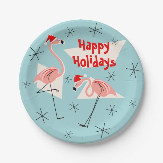 Flamingo Santas Blue Happy Holidays Papierplatte Pappteller (Vorderseite)