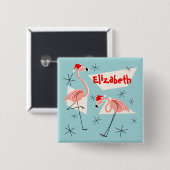 Flamingo Santas Blue Name Button Quadrat (Vorne & Hinten)