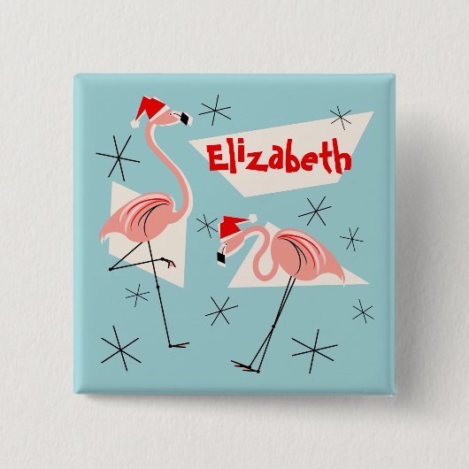 Flamingo Santas Blue Name Button Quadrat (Vorderseite)