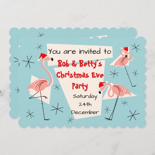 Flamingo Santas Blue scallopiert horizontal Einladung (Vorne/Hinten)