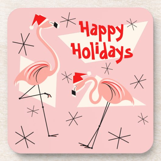 Flamingo Santas Pink Happy Holidays Kunststoff Untersetzer (Vorderseite)