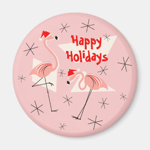 Flamingo Santas Pink Happy Holidays Magnet rund