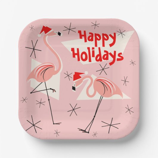 Flamingo Santas Pink Happy Holidays Platz Pappteller (Vorderseite)