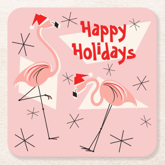 Flamingo Santas Pink Happy Holidays Platz Rechteckiger Pappuntersetzer (Vorderseite)