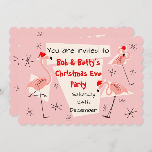 Flamingo Santas Pink horizontal Einladung (Vorne/Hinten)