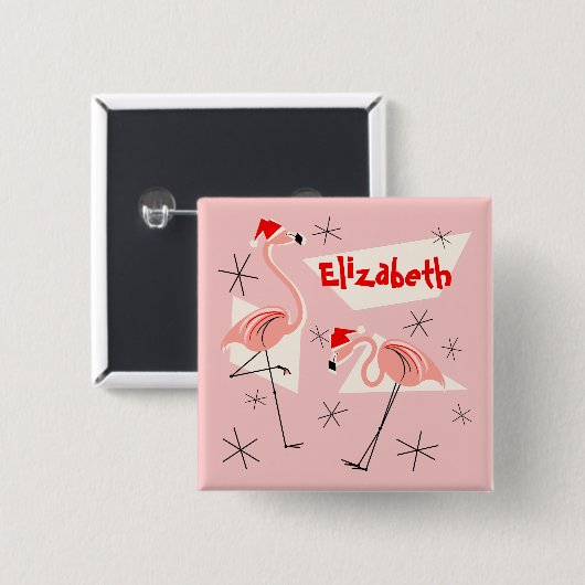 Flamingo Santas Pink Name Button Quadrat (Vorne & Hinten)