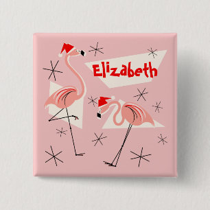 Flamingo Santas Pink Name Button Quadrat