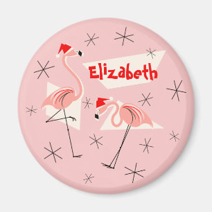 Flamingo Santas Pink Name Magnet rund