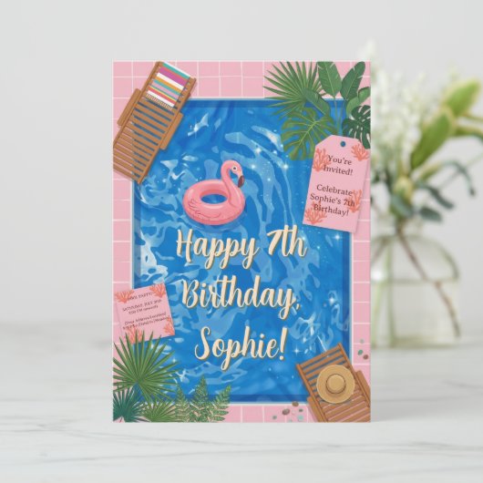 Flamingo-Schwimmbad-Party Einladung (Stehend Vorderseite)